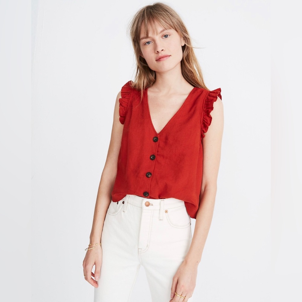 Linen-Blend Ruffle Button-Front Tank